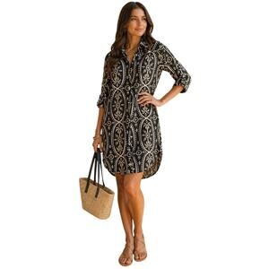 Haute Hippie Style Black Palm Medallion Shirt Dress Button Front Pockets S